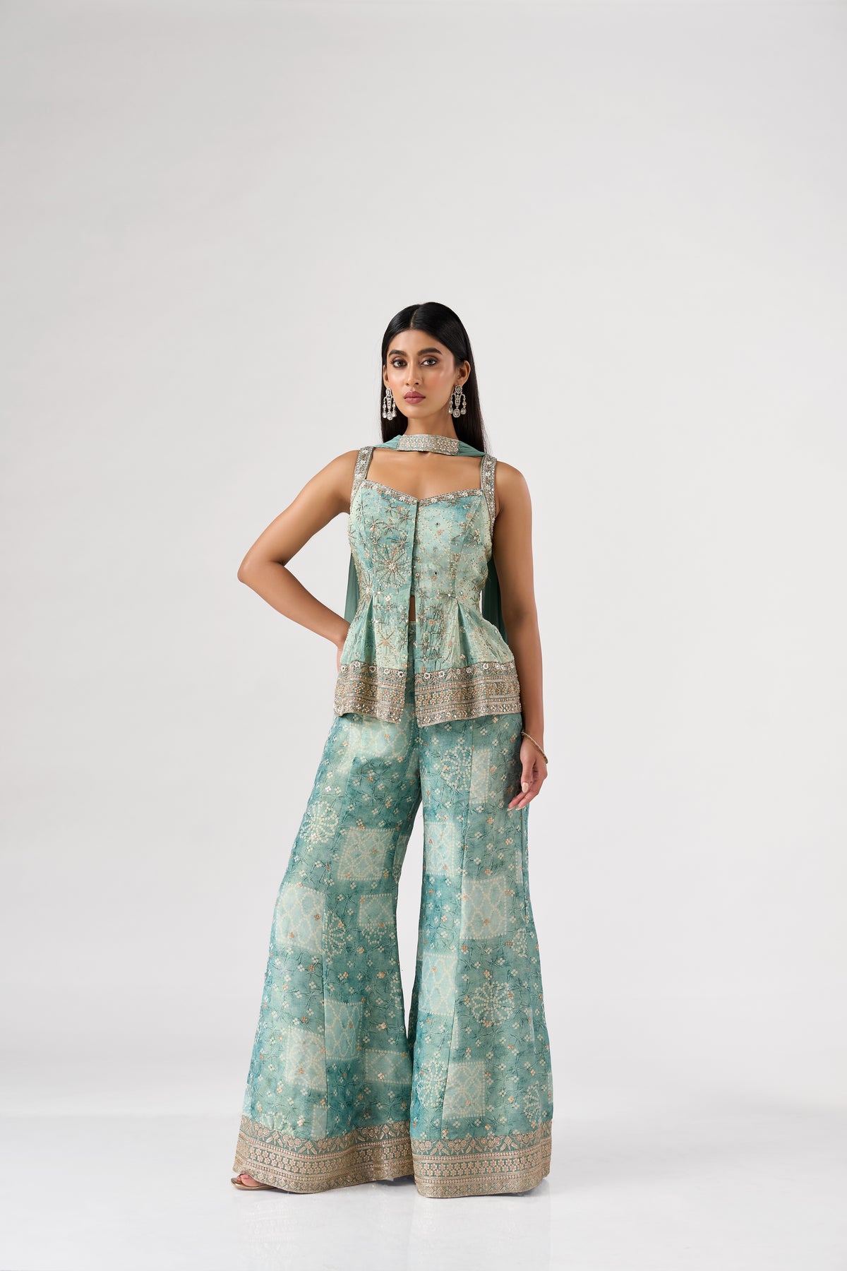 BLUE EMBROIDERED BANDHANI PRINT SHARARA SET | Nishly Fashion House