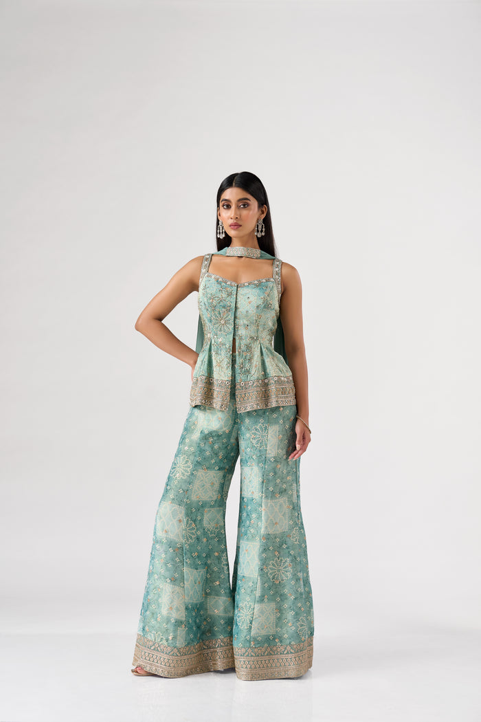 BLUE EMBROIDERED BANDHANI PRINT SHARARA SET | Nishly Fashion House