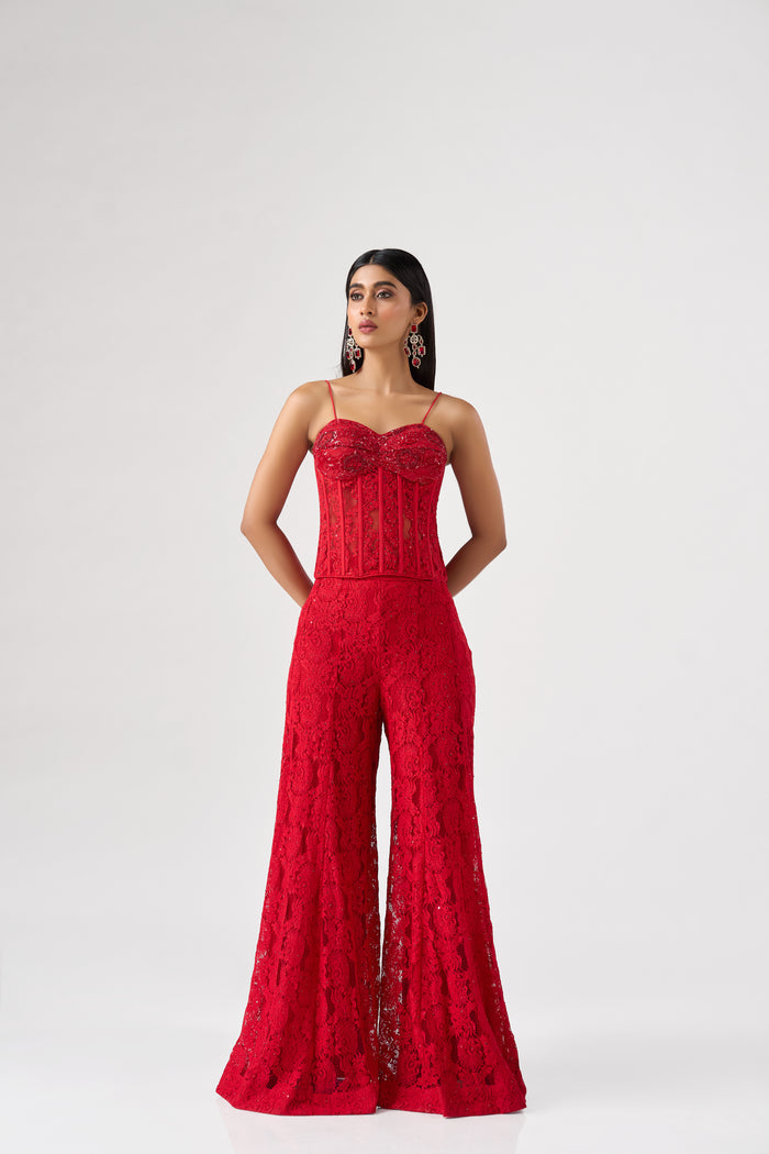 RED SEQUINS EMBELLISHED CORSET SHARARA SET