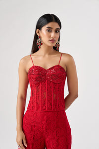 RED SEQUINS EMBELLISHED CORSET SHARARA SET