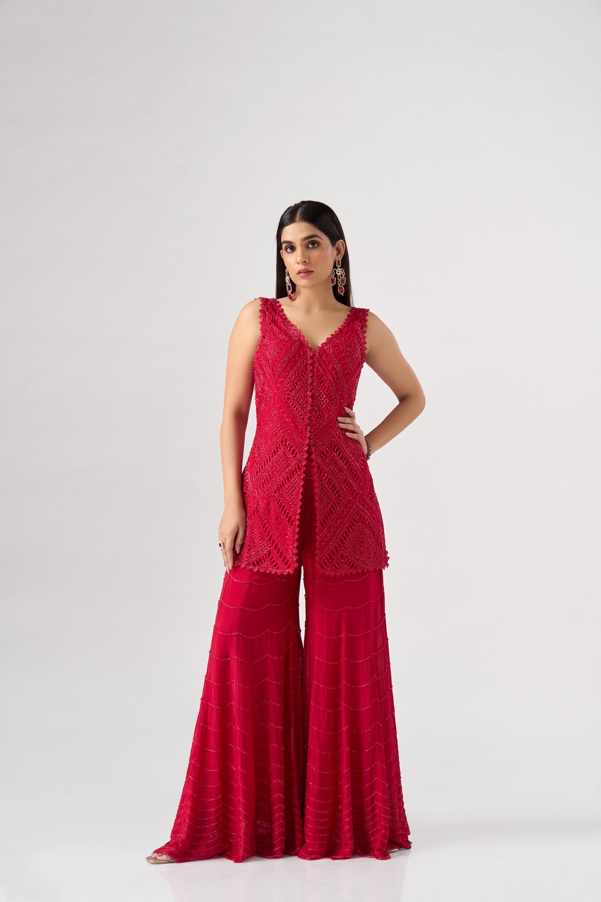 RED GEORGETTE EMBROIDERED SHARARA SET