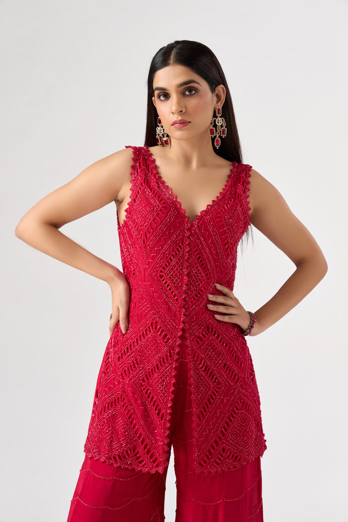RED GEORGETTE EMBROIDERED SHARARA SET