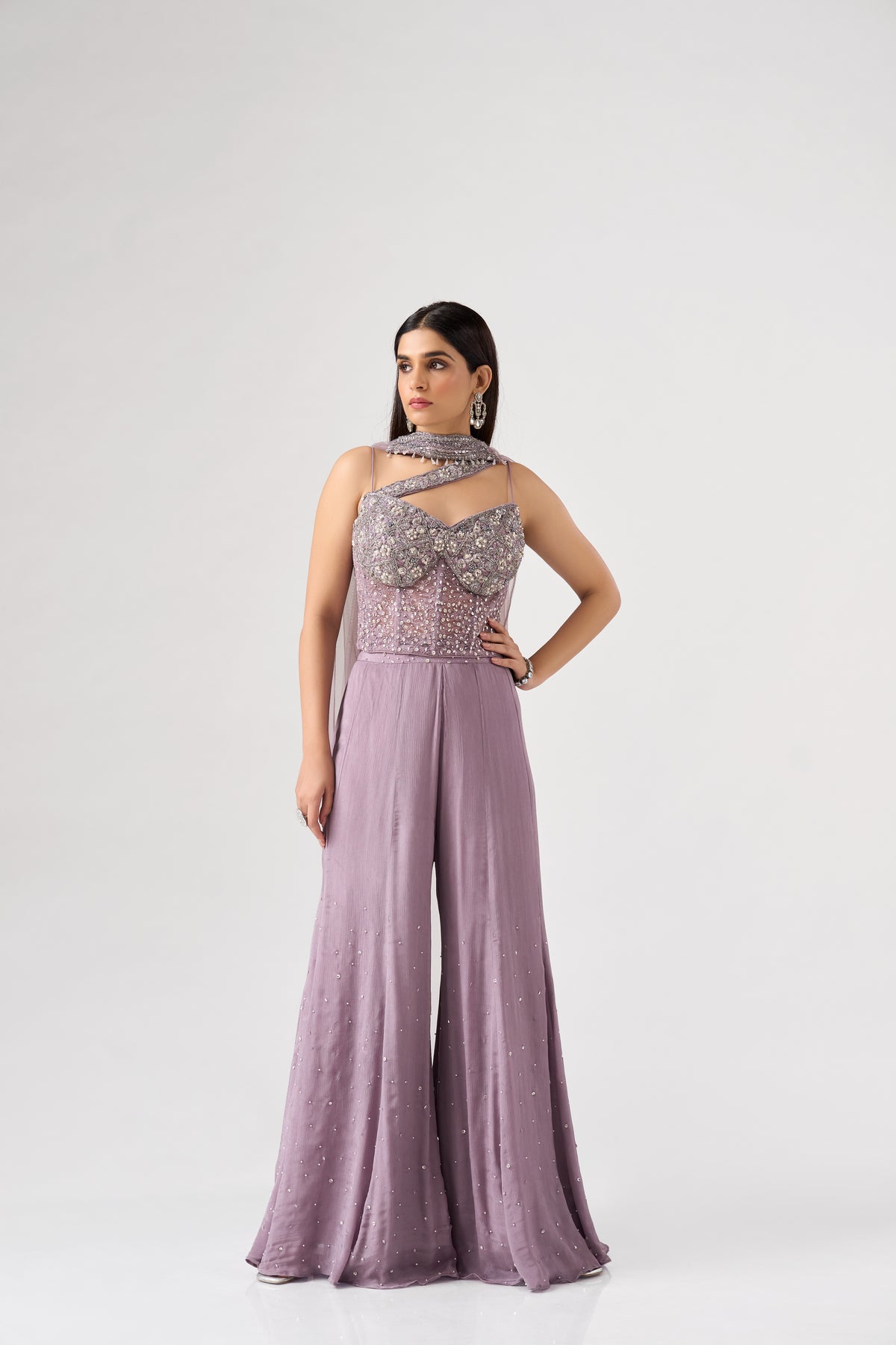 LILAC SEQUINS EMBROIDERED CORSET SHARARA SET | Nishly Fashion House