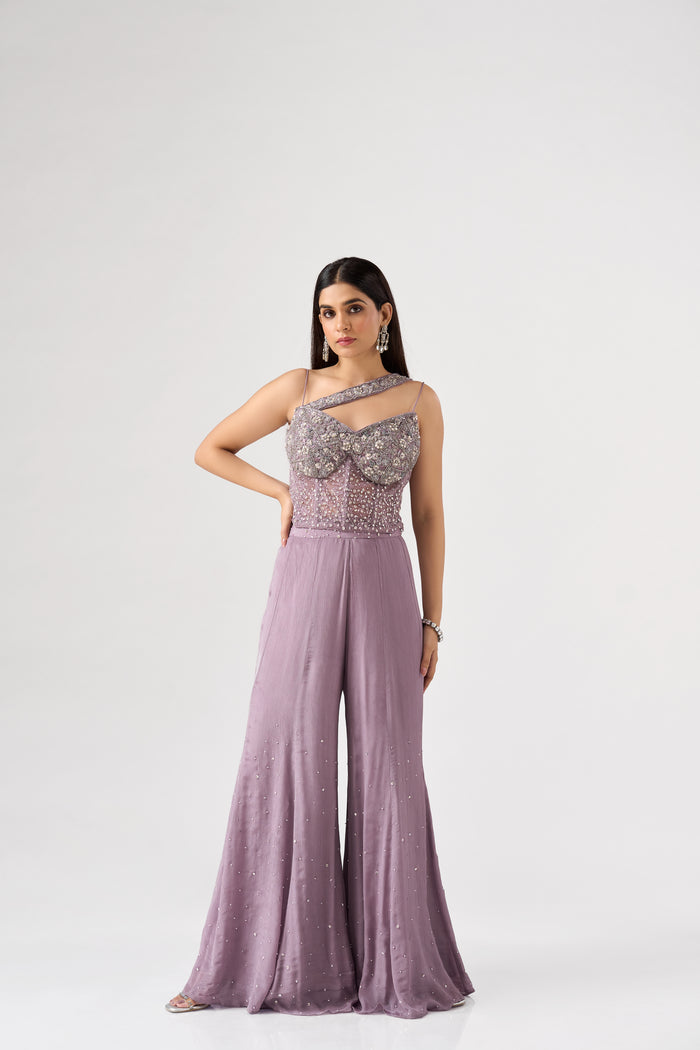 LILAC SEQUINS EMBROIDERED CORSET SHARARA SET | Nishly Fashion House