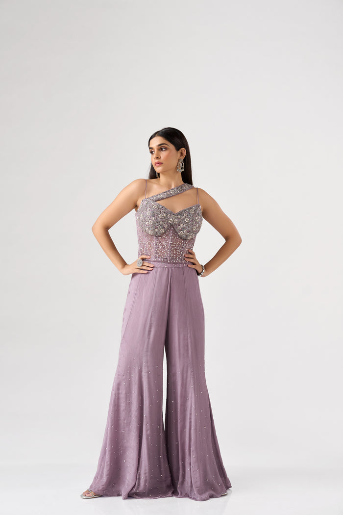 LILAC SEQUINS EMBROIDERED CORSET SHARARA SET | Nishly Fashion House