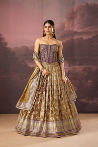 PURPLE BANARASI MIRROR EMBROIDERED TISSUE SILK CORSET LEHENGA SET | Nishly Fashion House