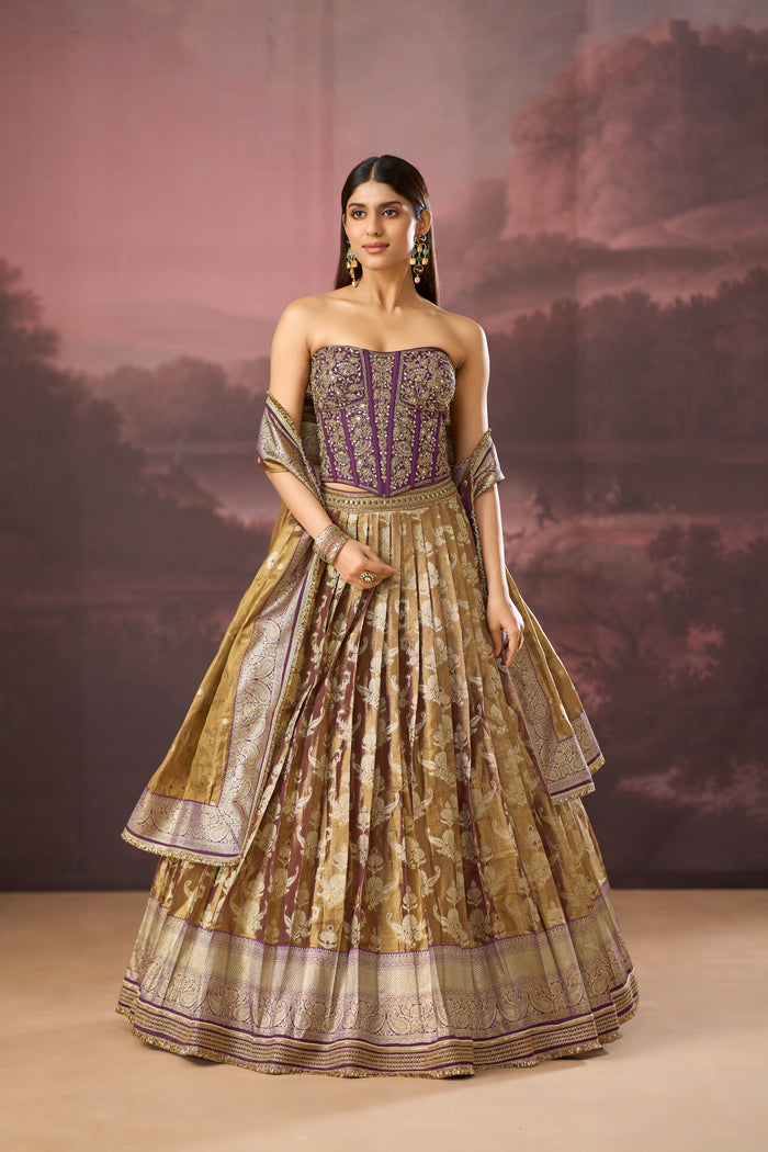PURPLE BANARASI MIRROR EMBROIDERED TISSUE SILK CORSET LEHENGA SET | Nishly Fashion House