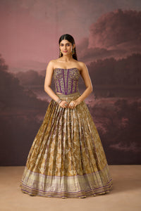 PURPLE BANARASI MIRROR EMBROIDERED TISSUE SILK CORSET LEHENGA SET | Nishly Fashion House