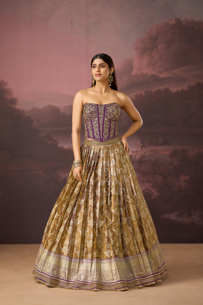 PURPLE BANARASI MIRROR EMBROIDERED TISSUE SILK CORSET LEHENGA SET | Nishly Fashion House