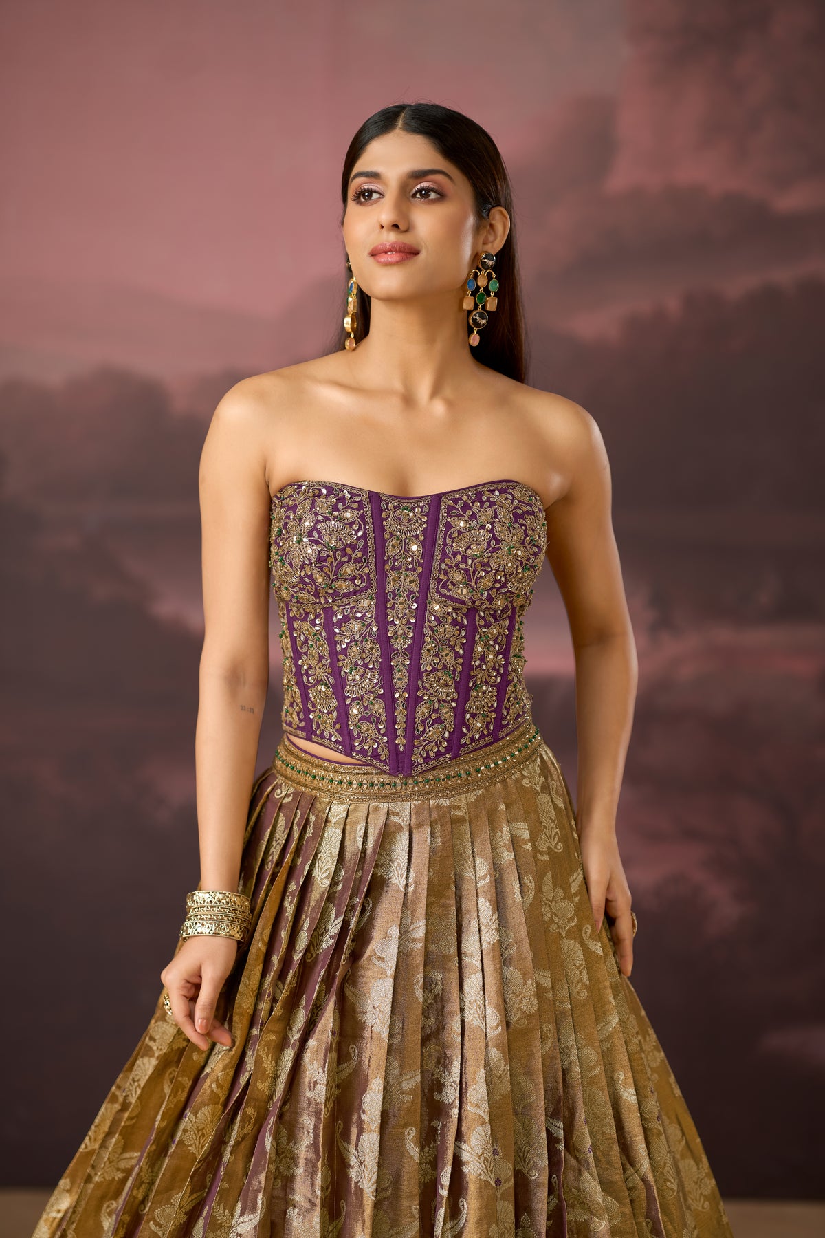 PURPLE BANARASI MIRROR EMBROIDERED TISSUE SILK CORSET LEHENGA SET | Nishly Fashion House