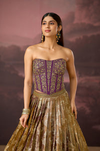 PURPLE BANARASI MIRROR EMBROIDERED TISSUE SILK CORSET LEHENGA SET | Nishly Fashion House