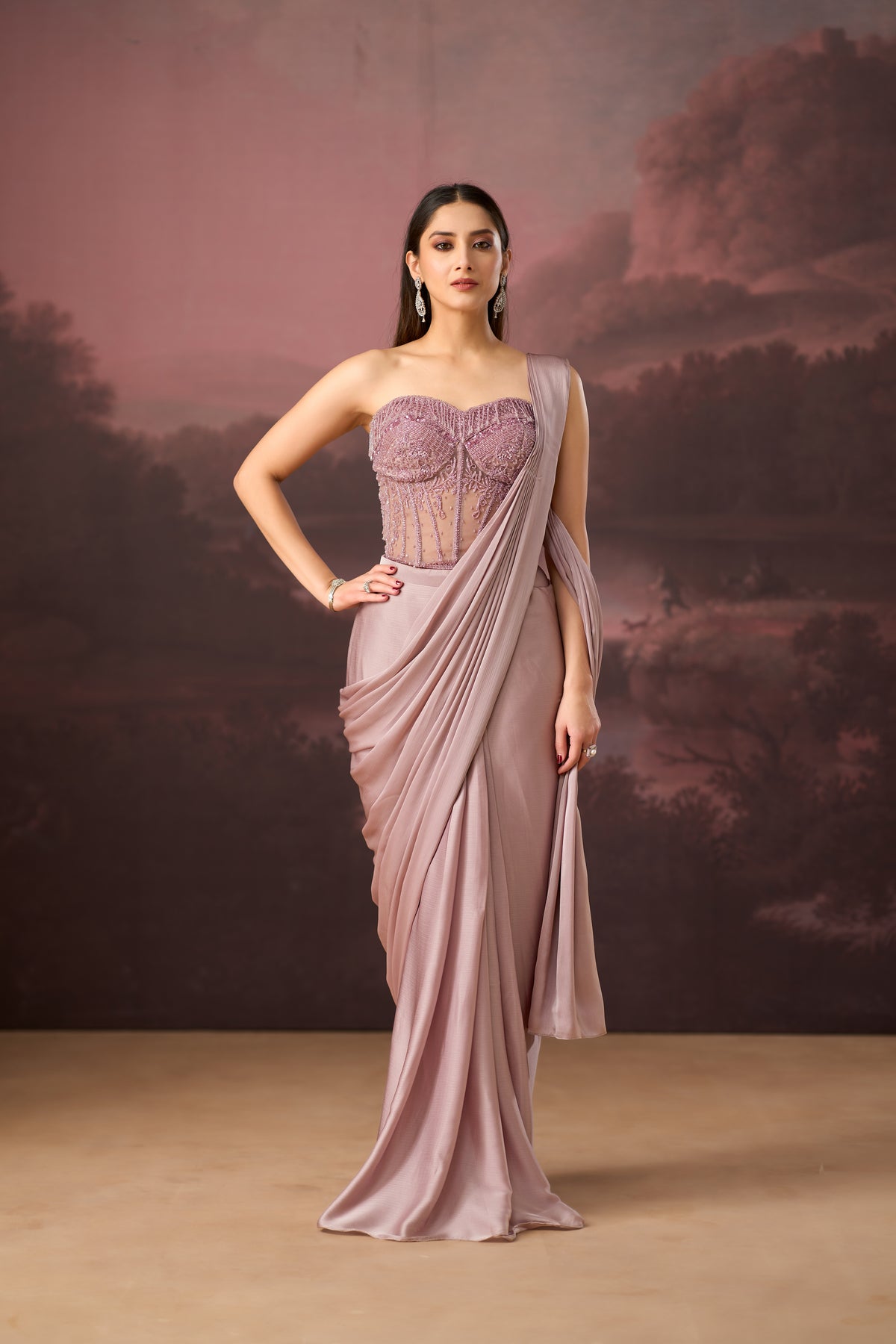 LILAC CORSET EMBROIDERED PRE DRAPED SAREE | Nishly Fashion House