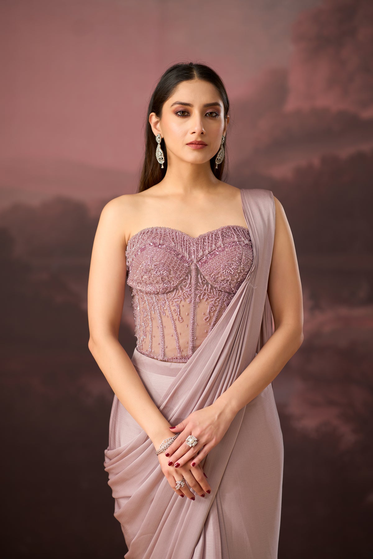LILAC CORSET EMBROIDERED PRE DRAPED SAREE | Nishly Fashion House