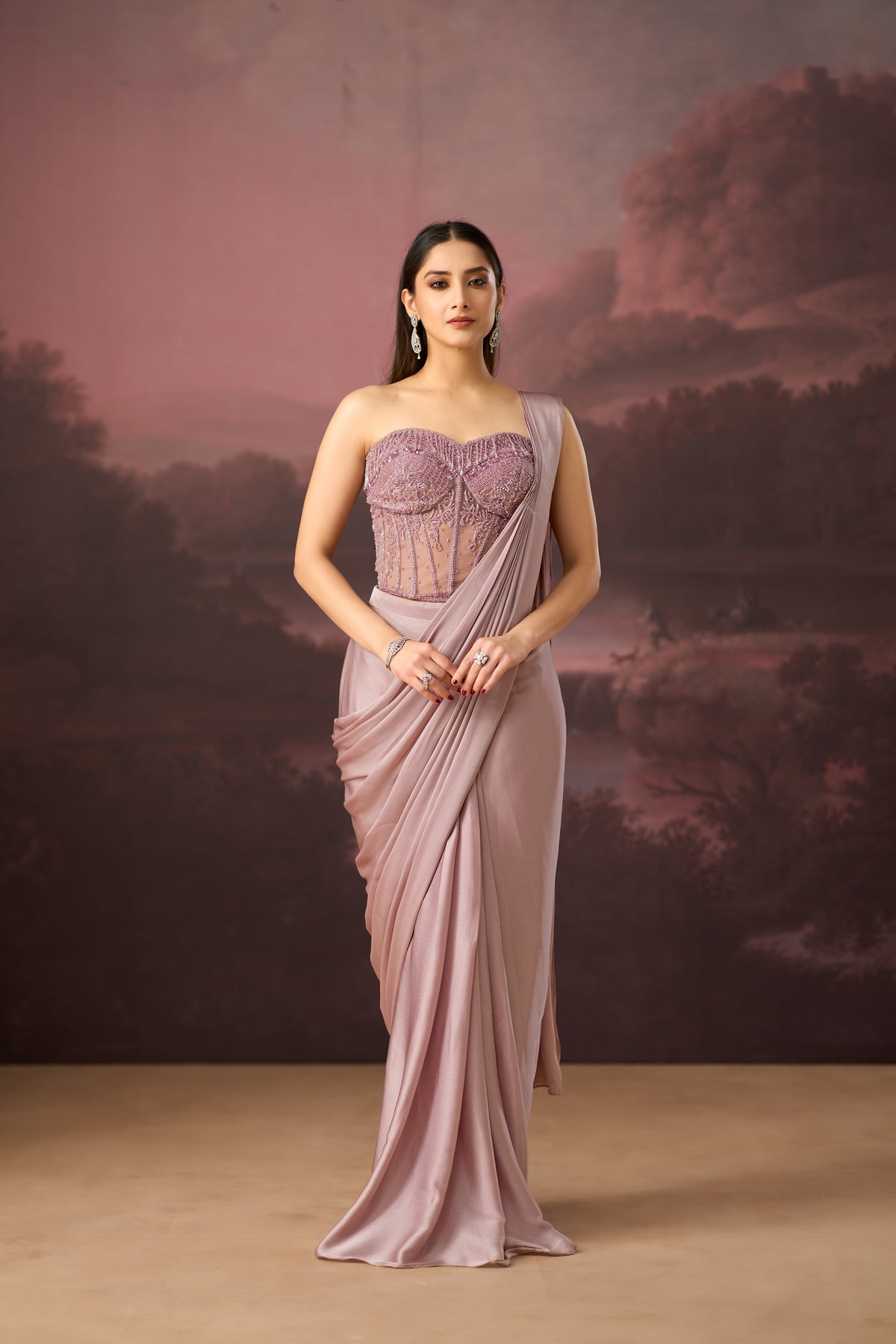 LILAC CORSET EMBROIDERED PRE DRAPED SAREE | Nishly Fashion House