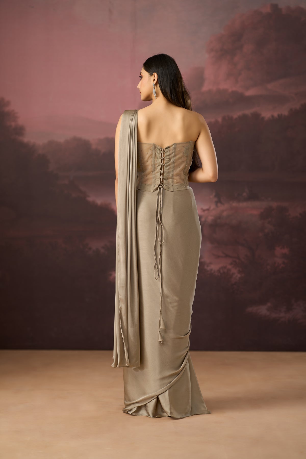 BRONZE CORSET EMBROIDERED PRE DRAPED SAREE | Nishly Fashion House