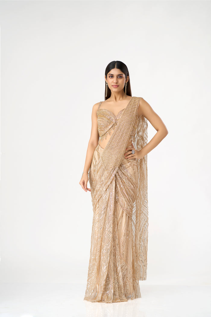 GOLD SEQUINS AND BEADS EMBROIDERED PRE DRAPED SAREE SET