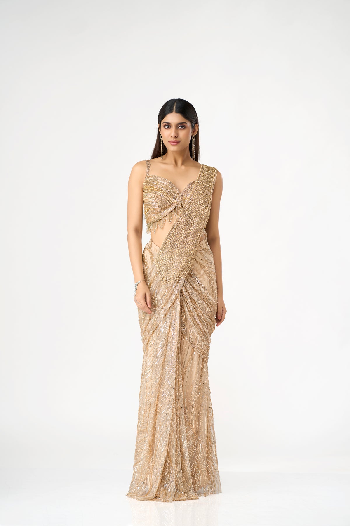 GOLD SEQUINS AND BEADS EMBROIDERED PRE DRAPED SAREE SET
