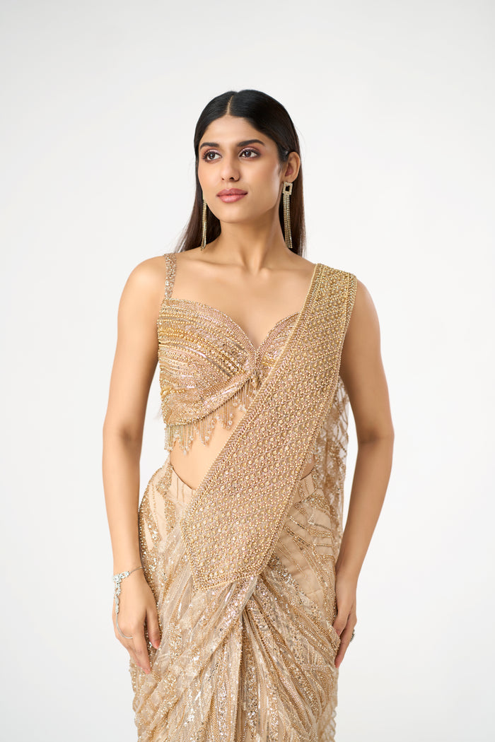GOLD SEQUINS AND BEADS EMBROIDERED PRE DRAPED SAREE SET