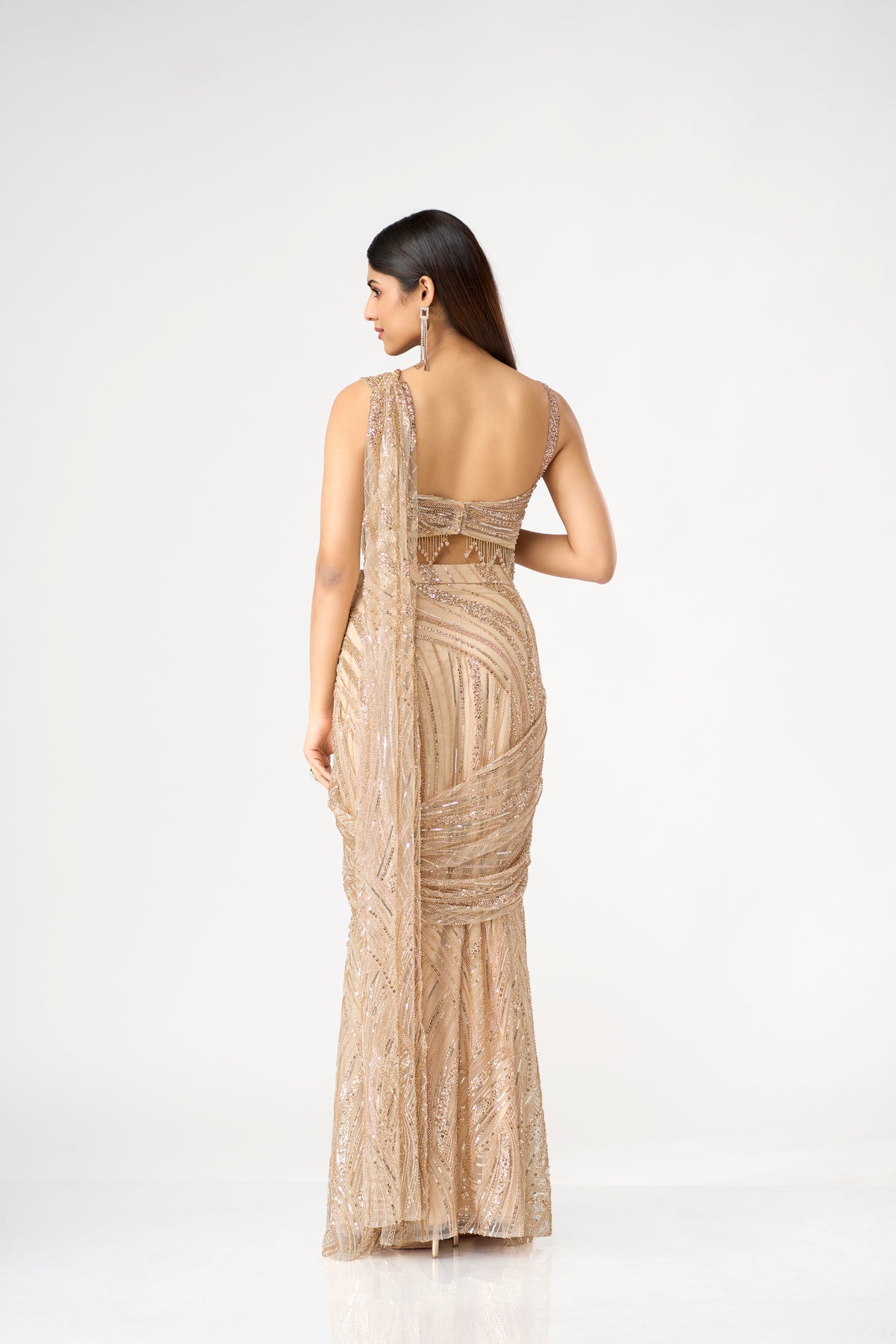 GOLD SEQUINS AND BEADS EMBROIDERED PRE DRAPED SAREE SET