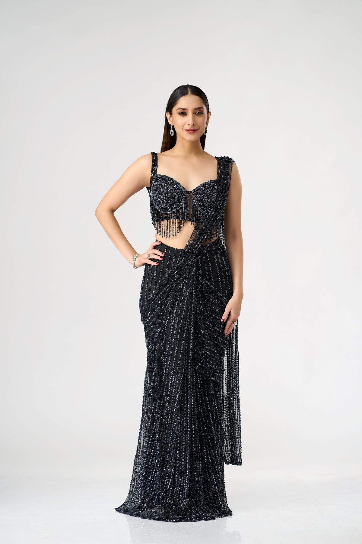BLACK CRYSTAL EMBELLISHED  BLOUSE AND PRE DRAPED SAREE SET | Nishly Fashion House