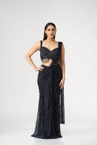BLACK CRYSTAL EMBELLISHED  BLOUSE AND PRE DRAPED SAREE SET | Nishly Fashion House