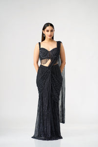 BLACK CRYSTAL EMBELLISHED  BLOUSE AND PRE DRAPED SAREE SET | Nishly Fashion House
