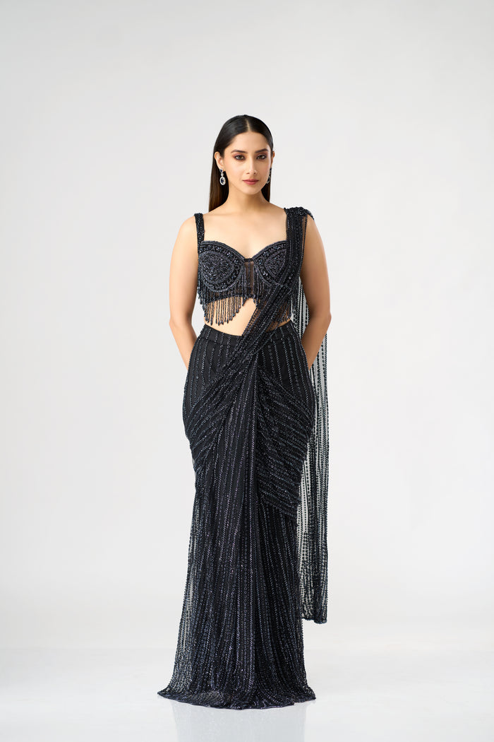 BLACK CRYSTAL EMBELLISHED  BLOUSE AND PRE DRAPED SAREE SET | Nishly Fashion House