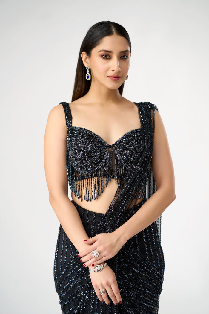 BLACK CRYSTAL EMBELLISHED  BLOUSE AND PRE DRAPED SAREE SET | Nishly Fashion House