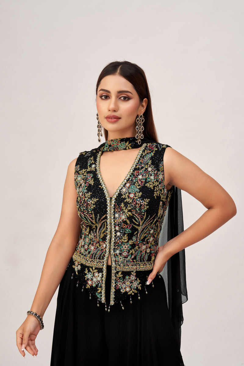 BLACK EMBROIDERED SHARARA SET WITH INTRICATE EMBROIDERY