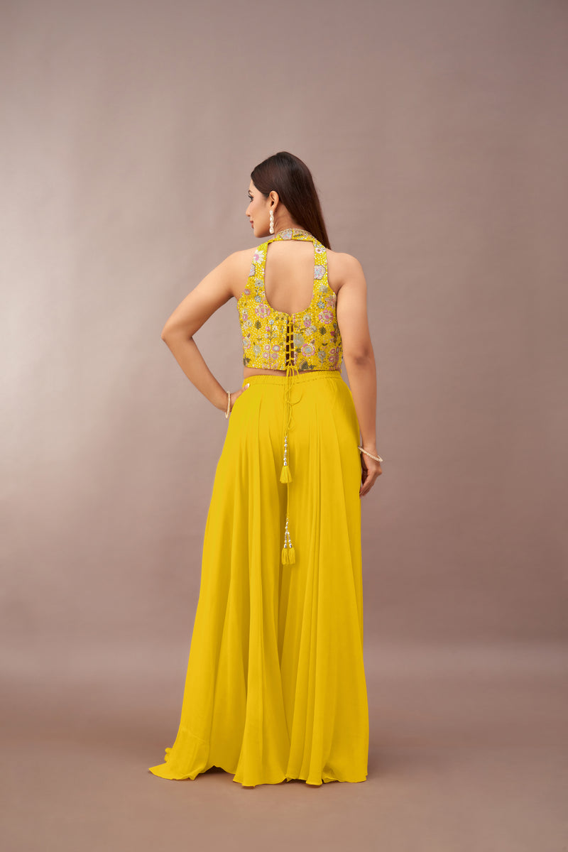 YELLOW HALTER NECK CORSET SHARARA SET