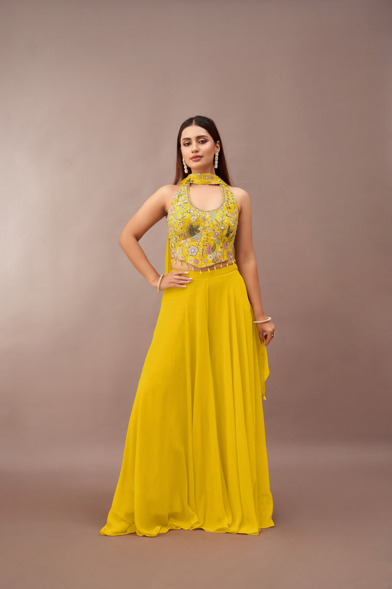 
      YELLOW HALTER NECK CORSET SHARARA SET | Nishly Fashion House
