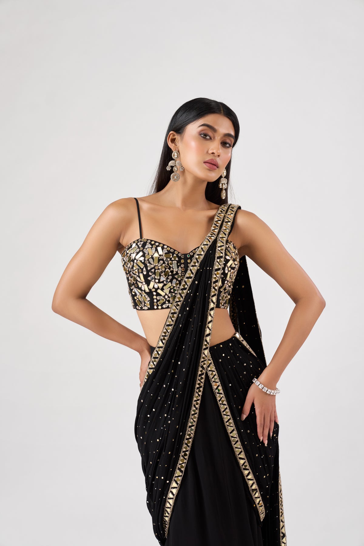 BLACK GEORGETTE MIRROR EMBROIDERED SAREE SET | Nishly Fashion House