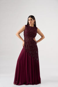WINE ASSYMETRIC CUTWORK EMBROIDERED TOP AND SHARARA SET | Nishly Fashion House