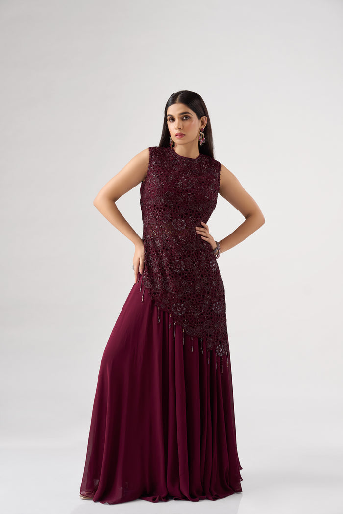 WINE ASSYMETRIC CUTWORK EMBROIDERED TOP AND SHARARA SET | Nishly Fashion House