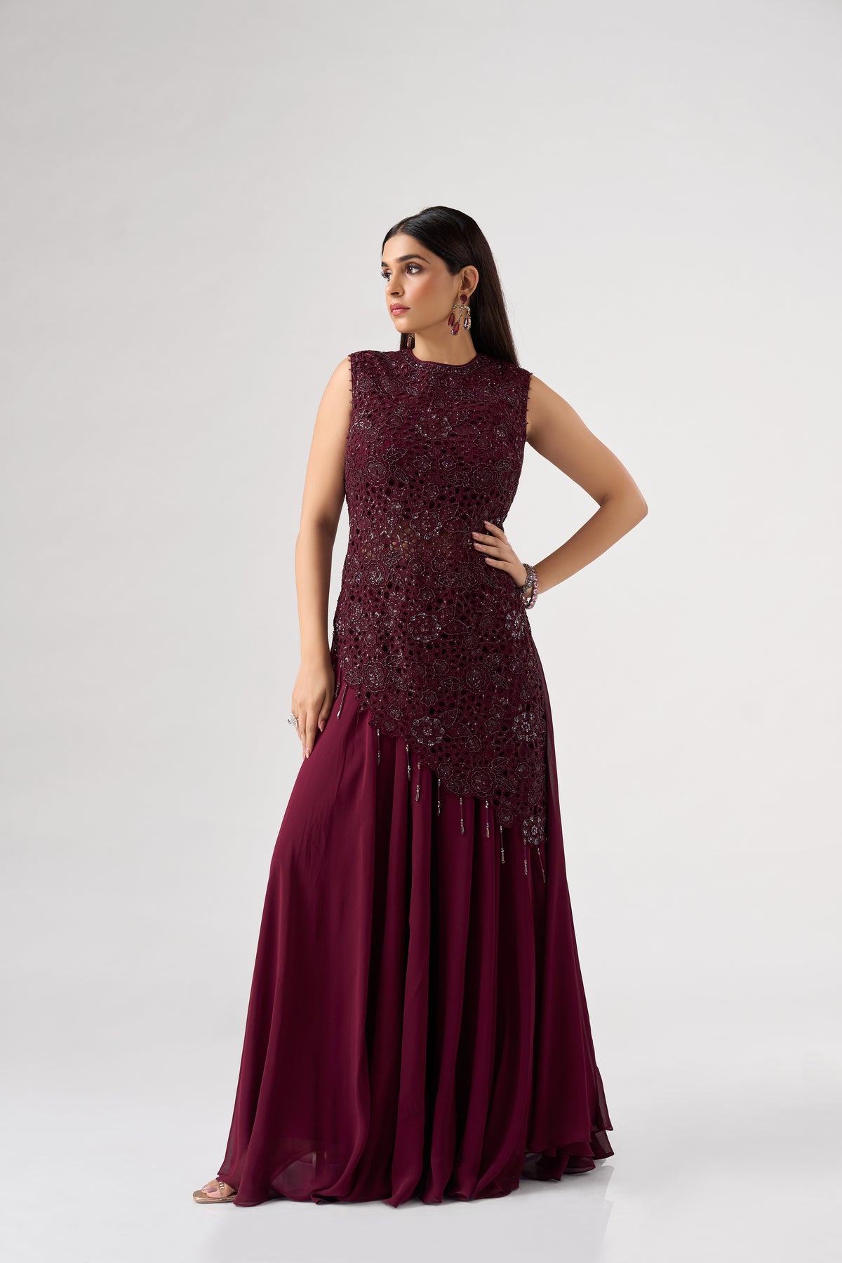 WINE ASSYMETRIC CUTWORK EMBROIDERED TOP AND SHARARA SET | Nishly Fashion House