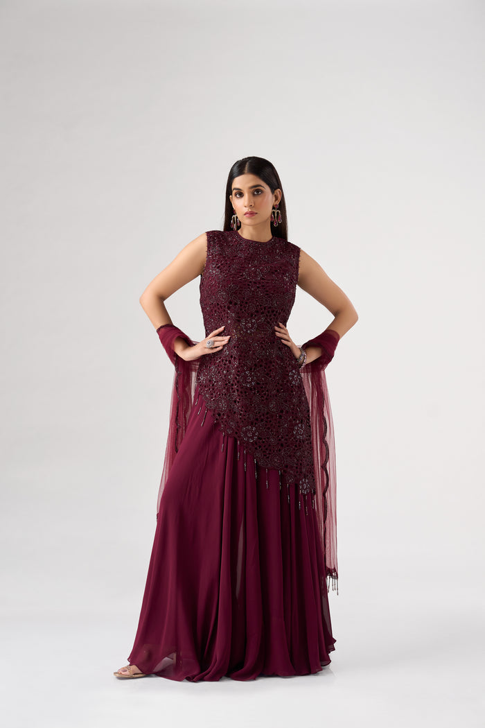 WINE ASSYMETRIC CUTWORK EMBROIDERED TOP AND SHARARA SET | Nishly Fashion House