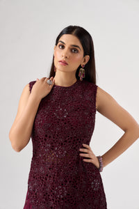 WINE ASSYMETRIC CUTWORK EMBROIDERED TOP AND SHARARA SET | Nishly Fashion House