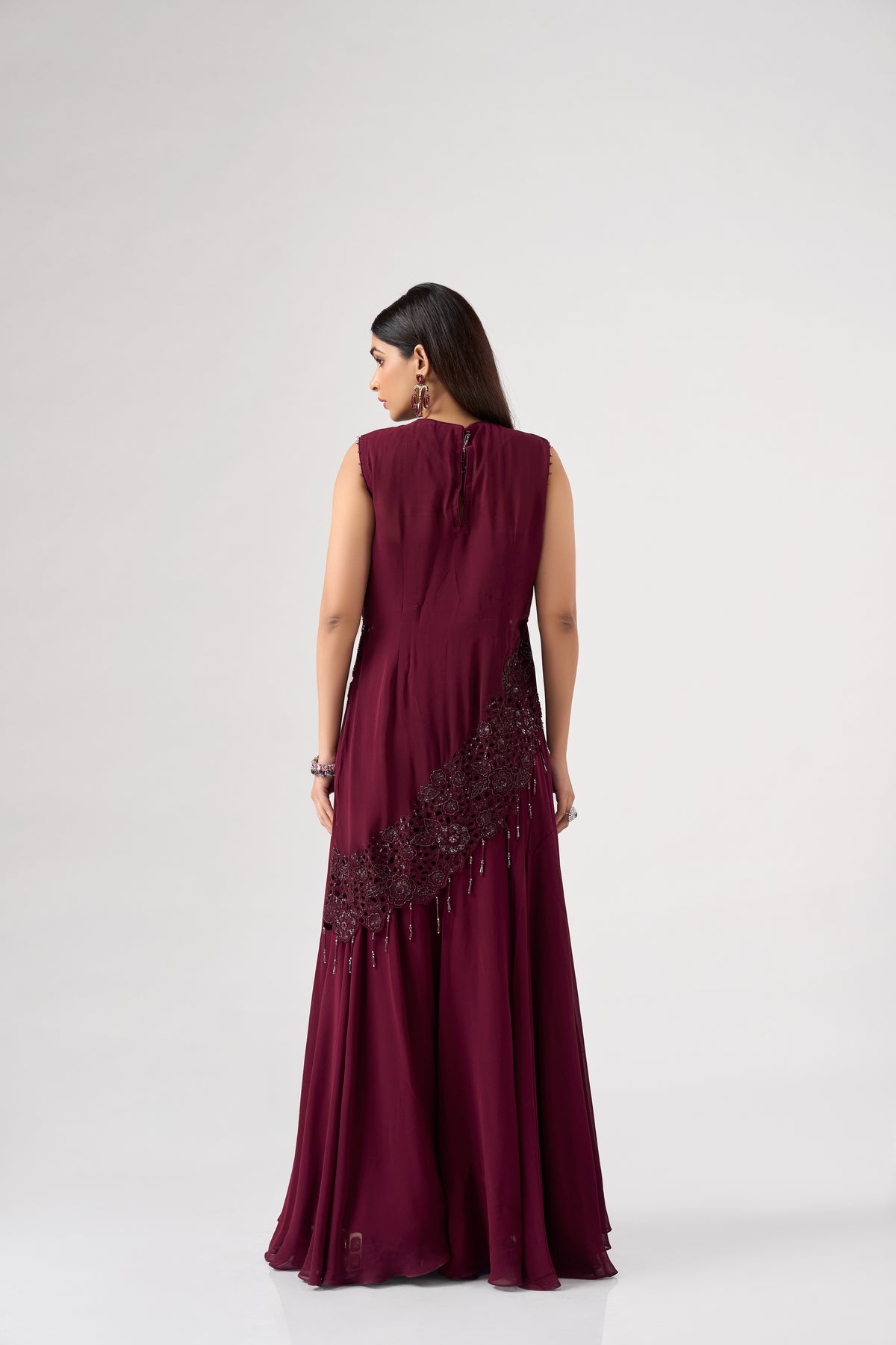 WINE ASSYMETRIC CUTWORK EMBROIDERED TOP AND SHARARA SET | Nishly Fashion House