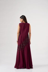 WINE ASSYMETRIC CUTWORK EMBROIDERED TOP AND SHARARA SET | Nishly Fashion House