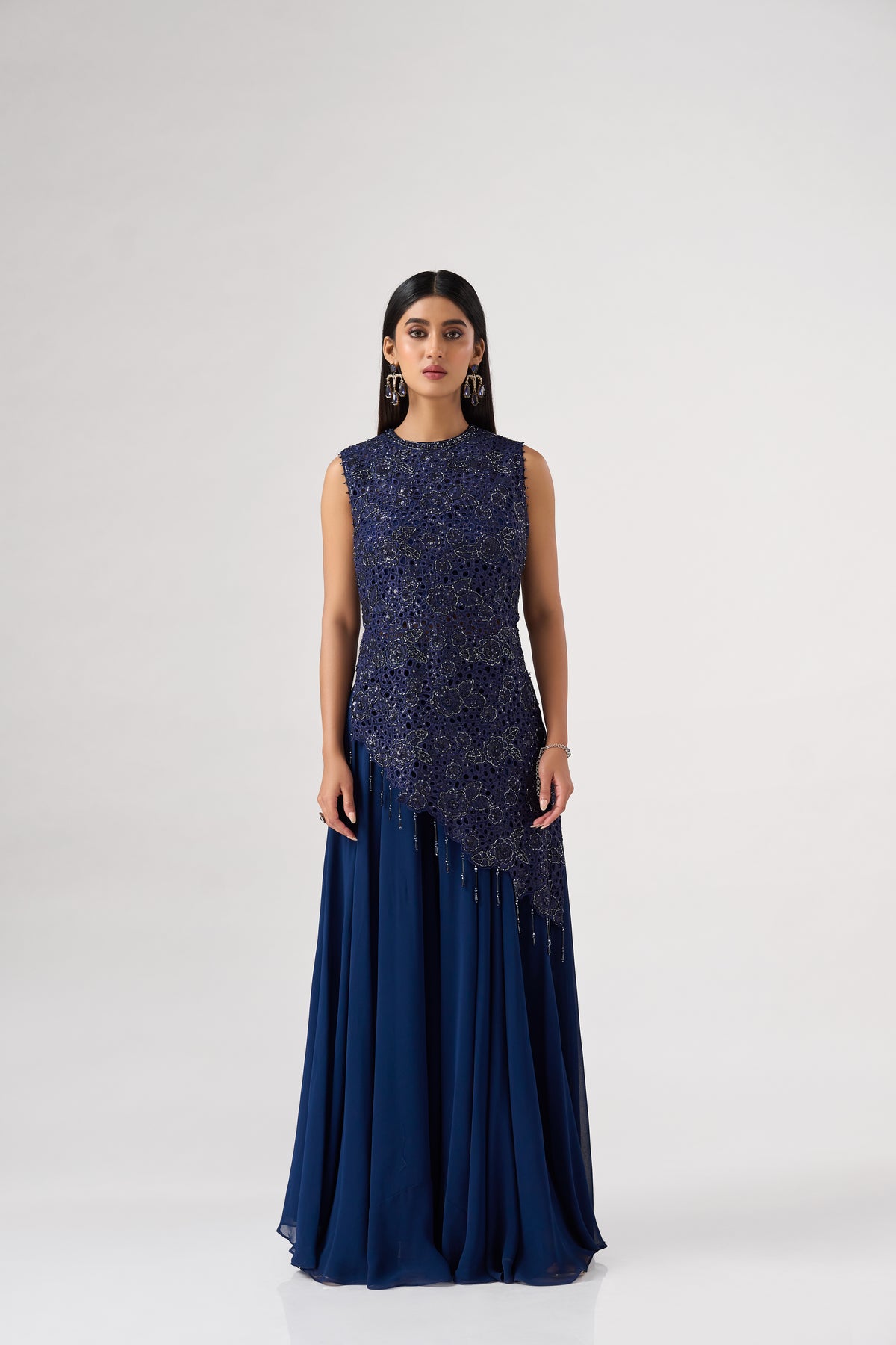 BLUE ASSYMETRIC CUTWORK EMBROIDERED TOP AND SHARARA SET | Nishly Fashion House
