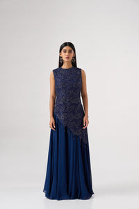 BLUE ASSYMETRIC CUTWORK EMBROIDERED TOP AND SHARARA SET | Nishly Fashion House