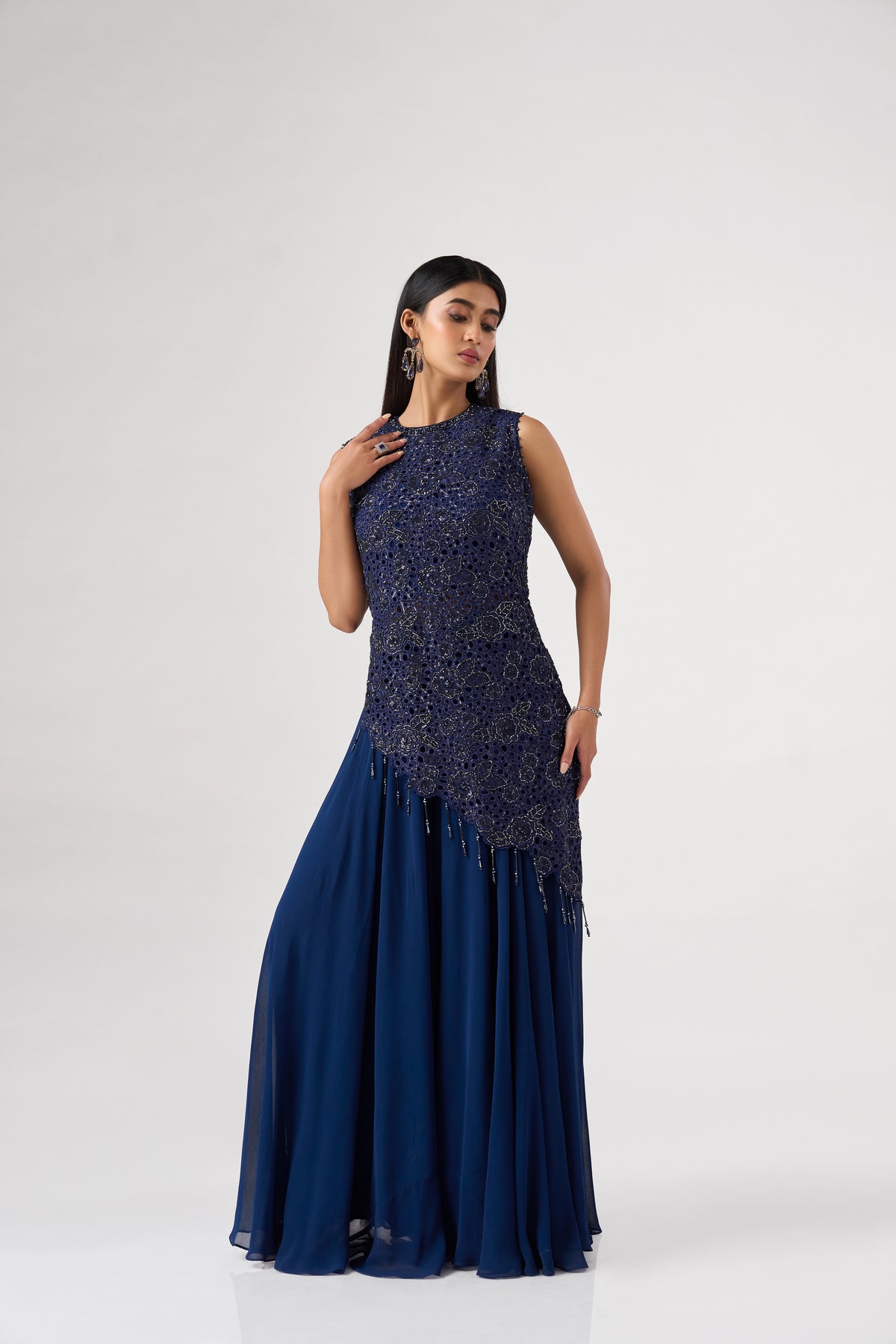 BLUE ASSYMETRIC CUTWORK EMBROIDERED TOP AND SHARARA SET | Nishly Fashion House