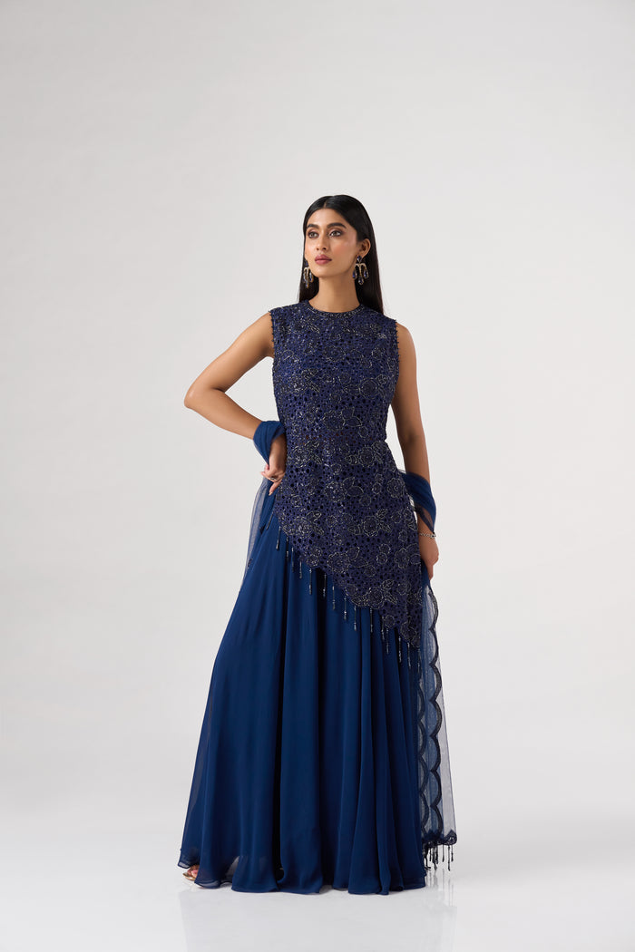 BLUE ASSYMETRIC CUTWORK EMBROIDERED TOP AND SHARARA SET | Nishly Fashion House