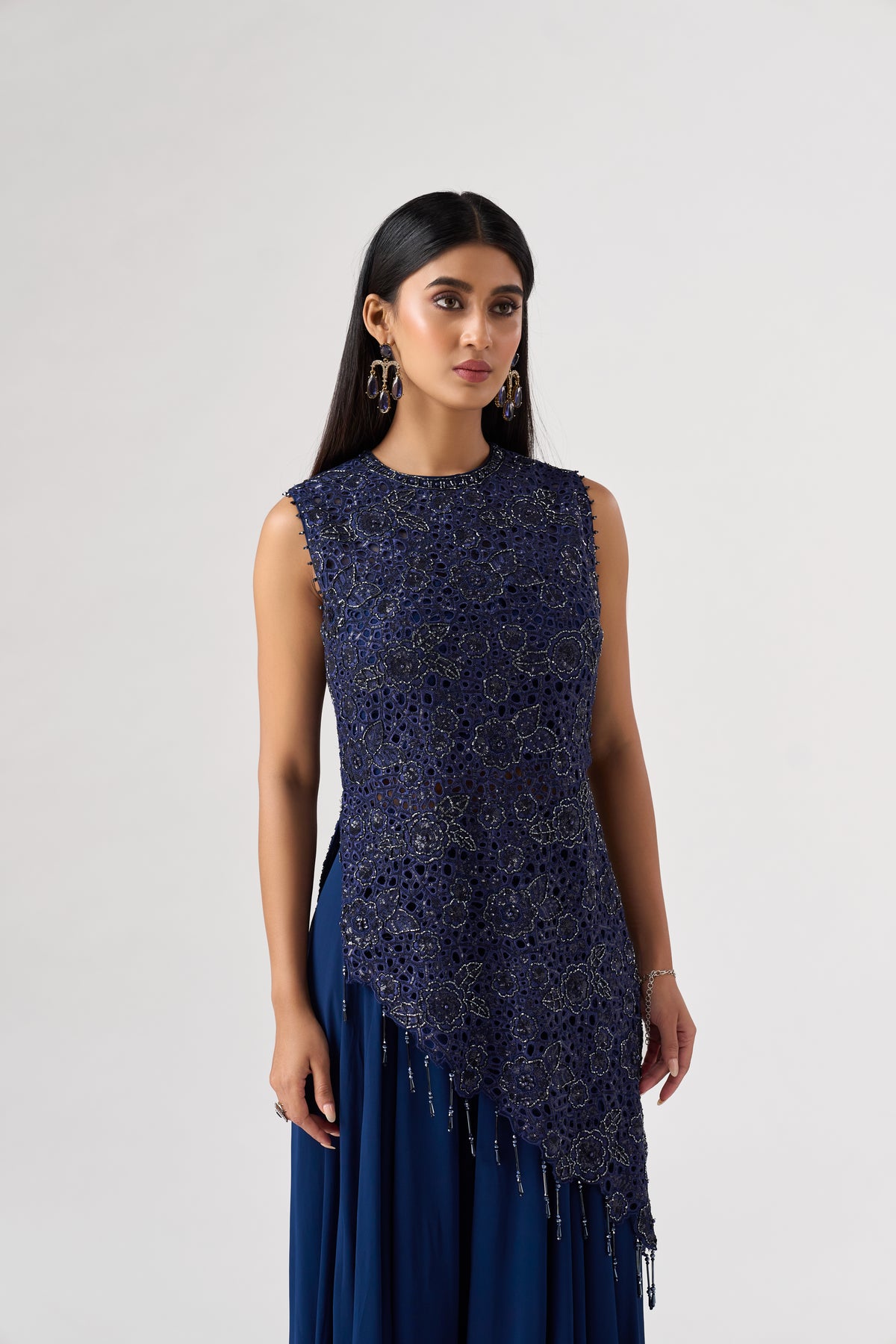 BLUE ASSYMETRIC CUTWORK EMBROIDERED TOP AND SHARARA SET | Nishly Fashion House