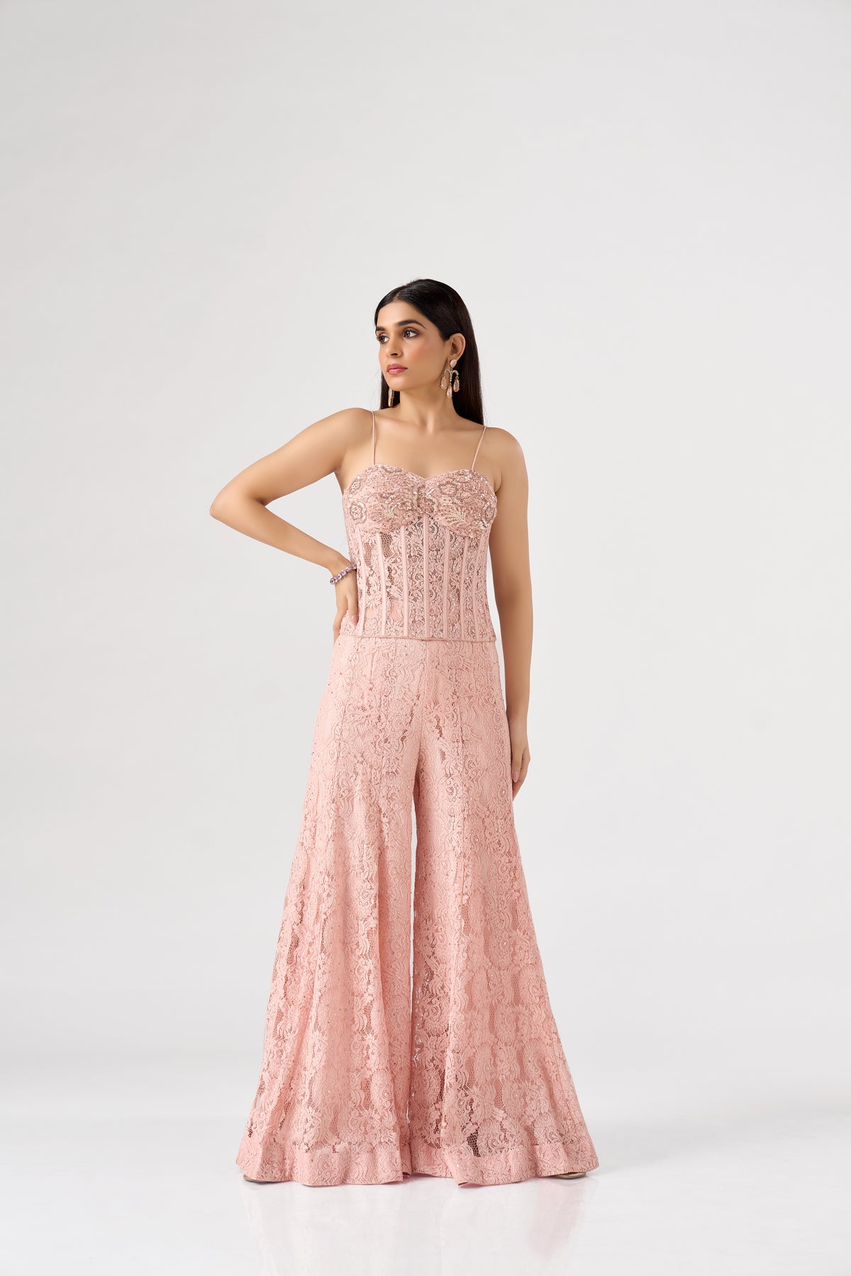 PEACH SEQUINS EMBELLISHED CORSET SHARARA SET | Nishly Fashion House