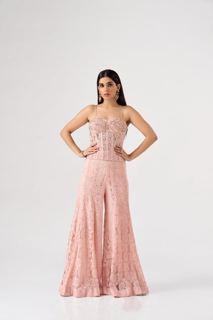 PEACH SEQUINS EMBELLISHED CORSET SHARARA SET | Nishly Fashion House
