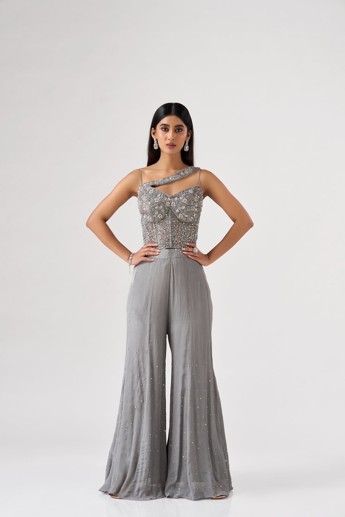 GREY SEQUINS EMBROIDERED CORSET SHARARA SET | Nishly Fashion House
