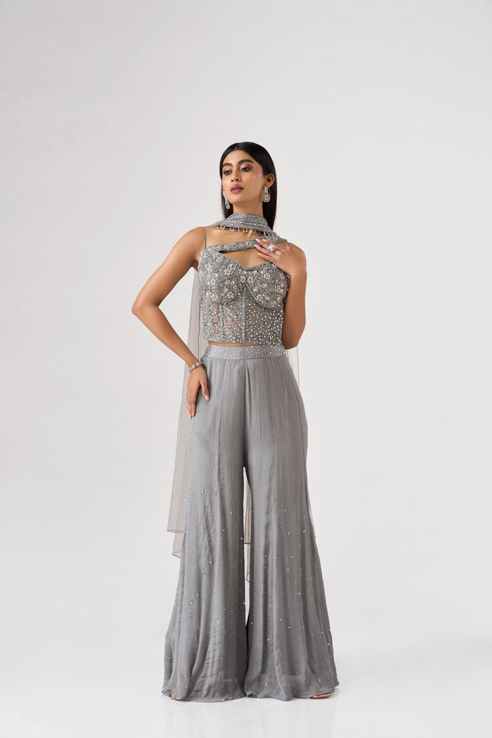 GREY SEQUINS EMBROIDERED CORSET SHARARA SET | Nishly Fashion House