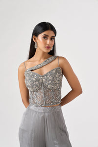 GREY SEQUINS EMBROIDERED CORSET SHARARA SET | Nishly Fashion House