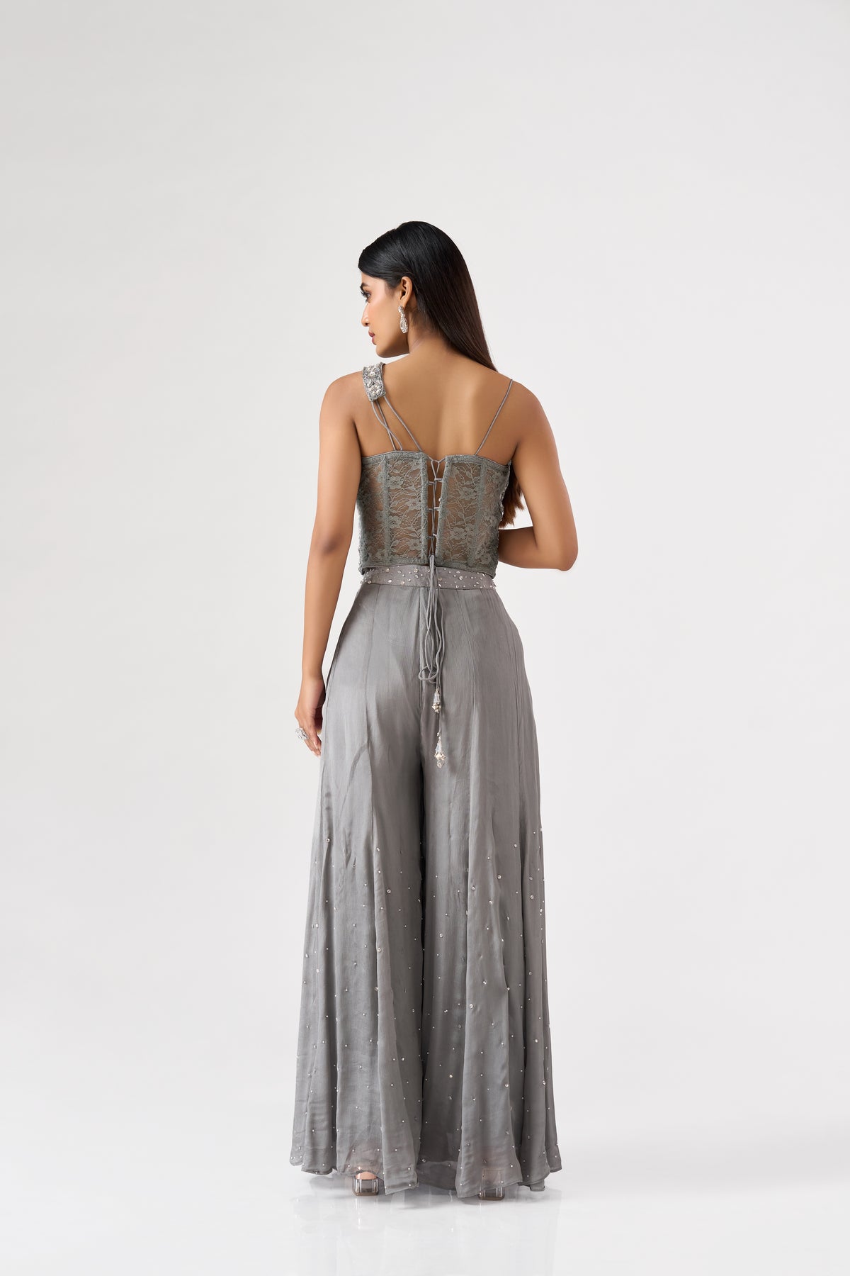 GREY SEQUINS EMBROIDERED CORSET SHARARA SET | Nishly Fashion House